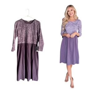 Tea n Rose Purple Paisley Knee Length Midi 3/4 Sleeve Dress 100% Cotton Sz L NWT